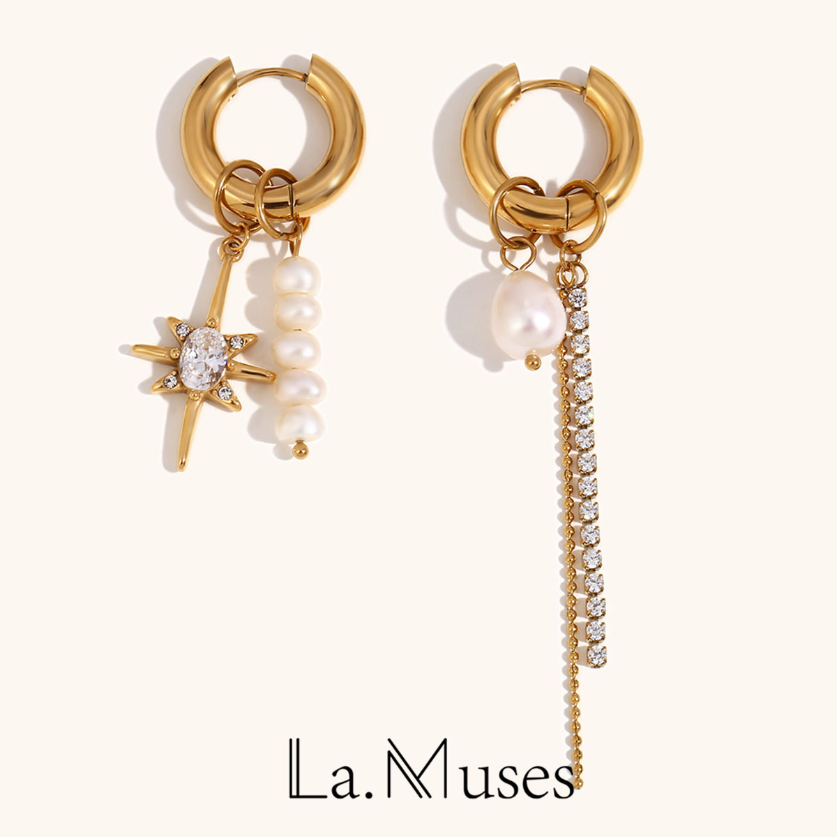 Pendientes de acero inoxidable con diamantes asimétricos para mujer, aretes de aros dorados con dije de perla, joyería de , accesorios para