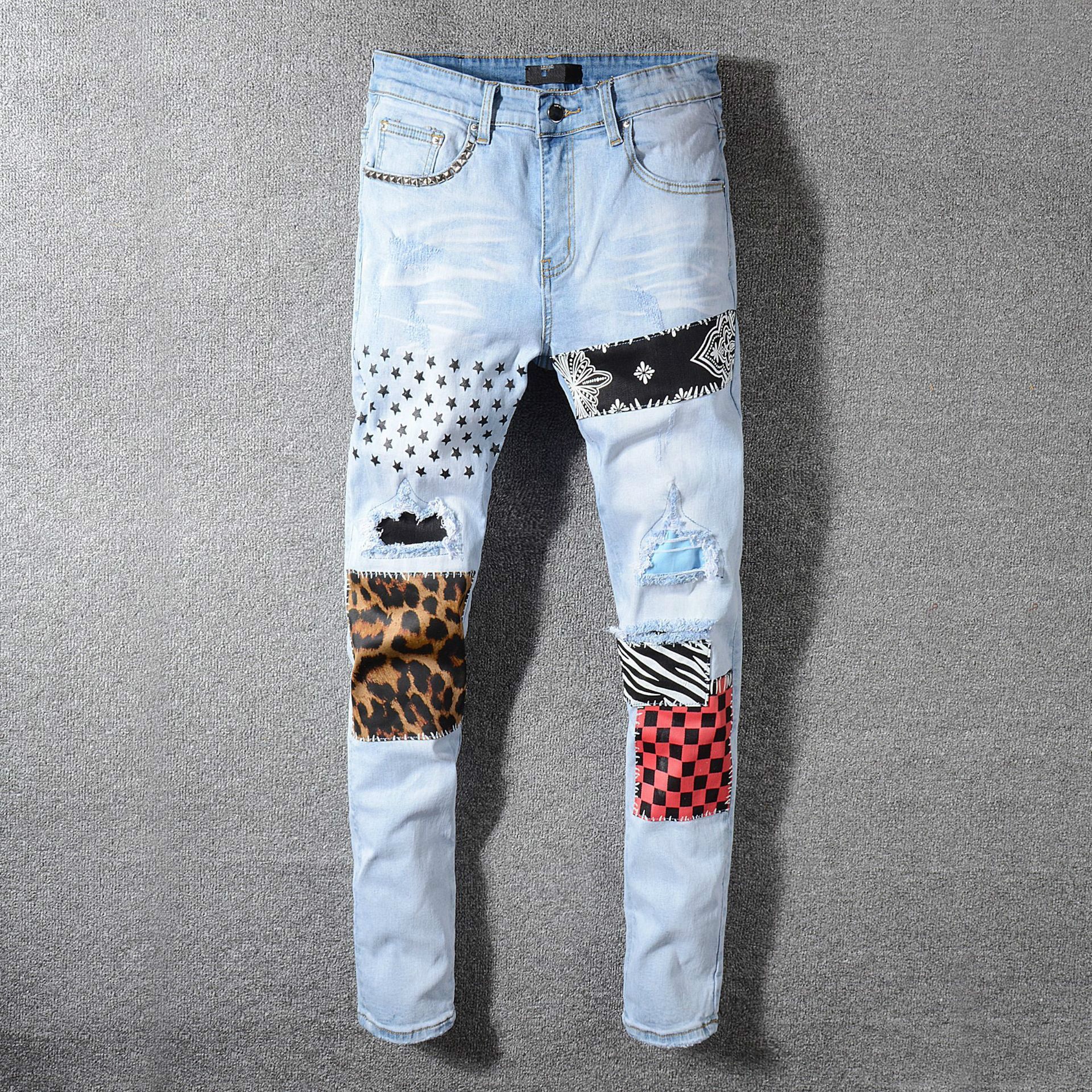 Jean Rivet pour homme, pantalon en Denim, léopard imprimé, Patchwork, avec poches, fermeture éclair, bleu clair, déchiré, slim, à la , collection: 34