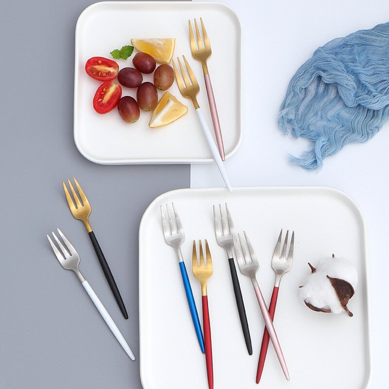 6pc/- pack 304 roestvrijstalen tafelvorken kleurrijke fruitvork gouden servies verjaardagsfeest taart schattige voedselkeuzes westerse diner
