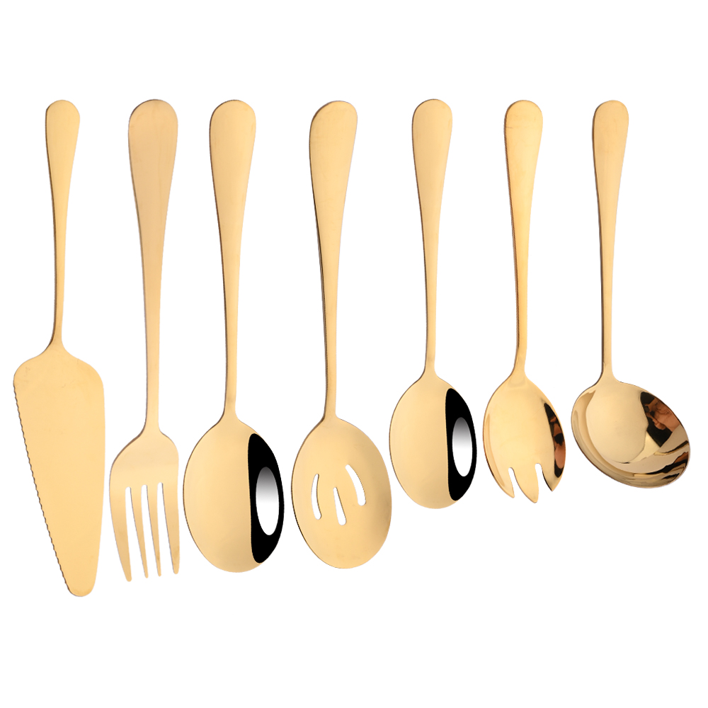 7Pcs Gold Stainless Steel Dinnerware Set Soup Spoon Colander Spoon Service Spoon Salad Fork Cake Spatula Kitchen Home Tableware: Gold