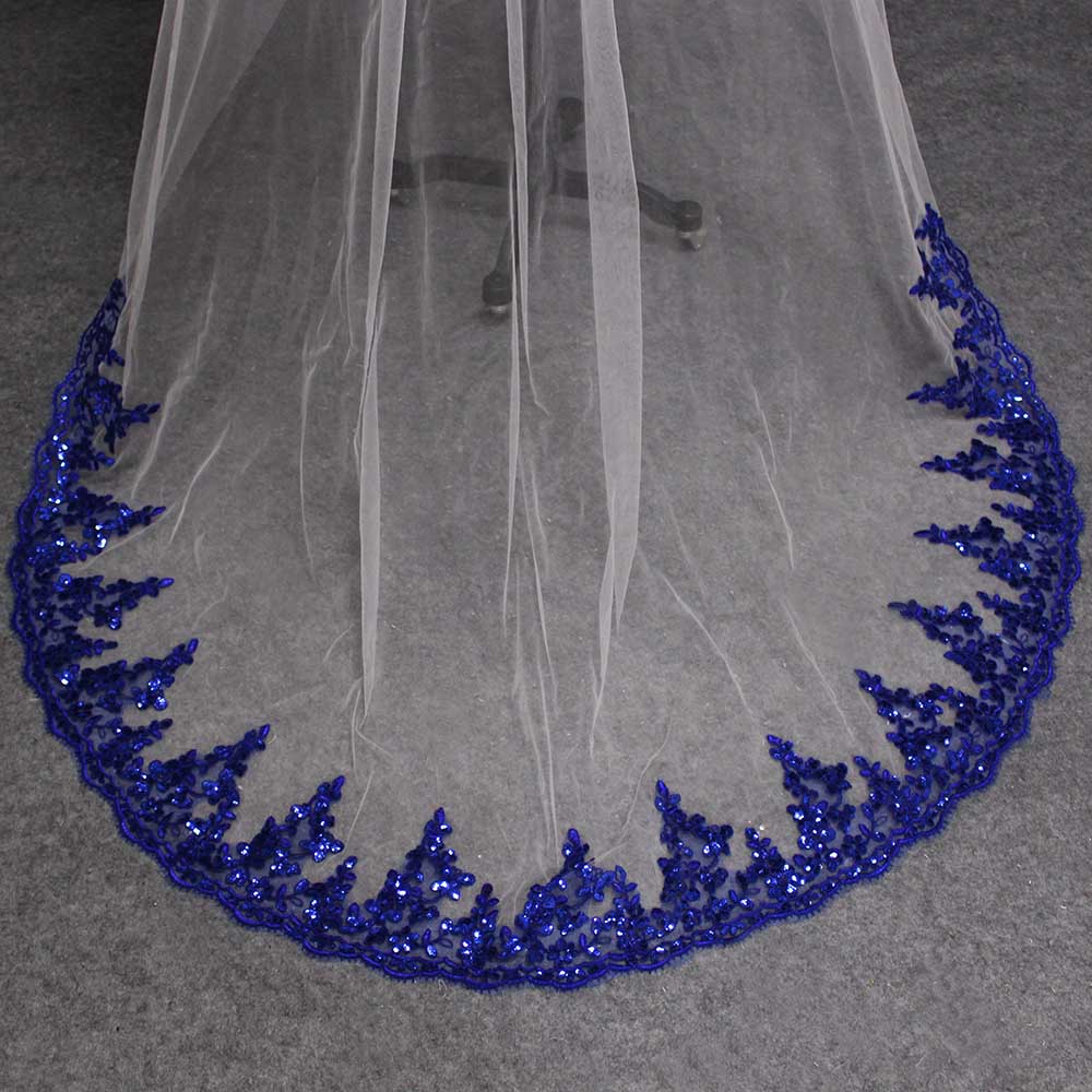 Bling Pailletten Royal Blue Lace Wit Ivoor Tulle Wedding Veil 2 Layer met Blusher Cover Gezicht Bruidssluier kam
