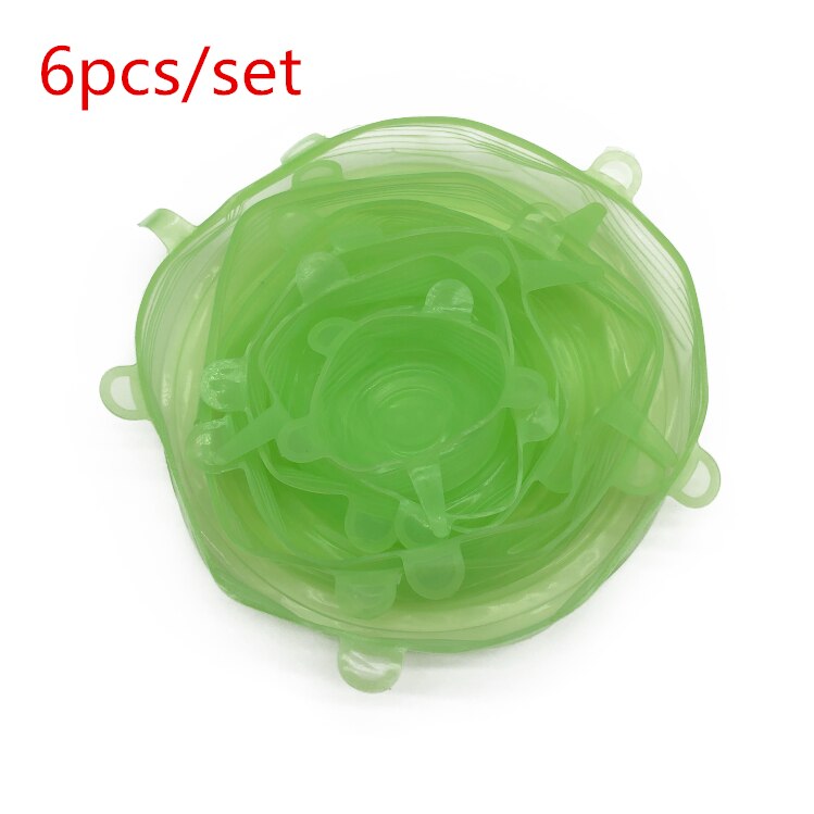 6 sztuk silikonowe rozciągać pokrywki wielokrotnego użytku hermetyczna folia spożywcza naczynia kuchenne pokrywy utrzymanie świeże uszczelnienie miska rozciągliwy pokrowiec owijający: 1 zestaw zielony
