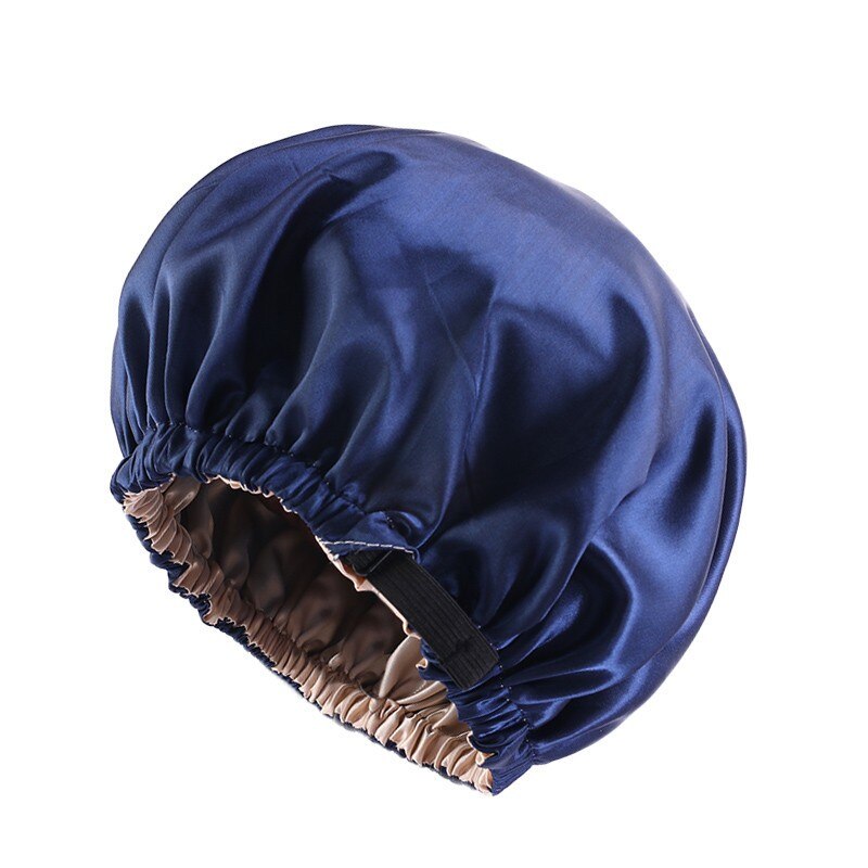 Women Satin Bonnet Hair Cap Double Layer Sleep Night Cap With Invisible Flat Adjusting Button Head Cover Bonnets Hat: Navy Blue