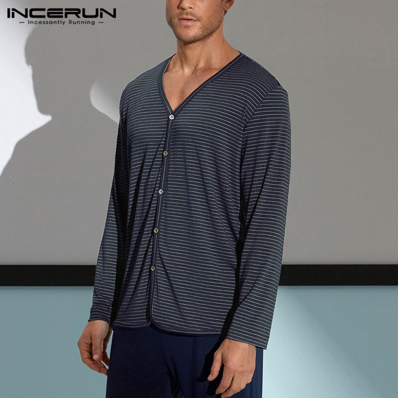 INCERUN Men Striped V Neck Casual Long Sleeve Button Leisure Cardigan Tops Homewear Breathable Thin Sleepwear Camiseta