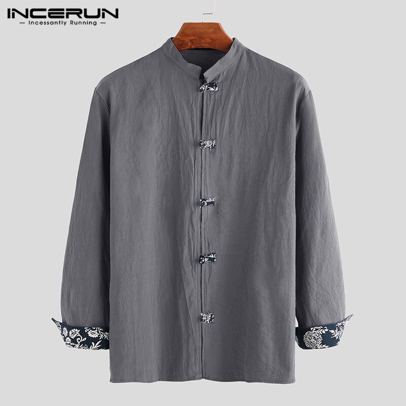 Incerun vintage heren overhemd katoen lange mouw effen mandarijn kraag streetwear camisa chinees traditioneel casual heren overhemd: Grijs overhemd / Xl