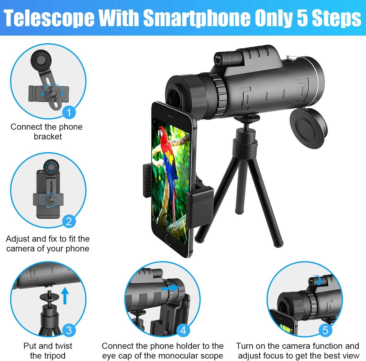 40x60 Hd Monocular Telescope Phone Camera Zoom Lense With Smartphone Holder &amp; Tripod бинокльWaterproof Telescope For Camping