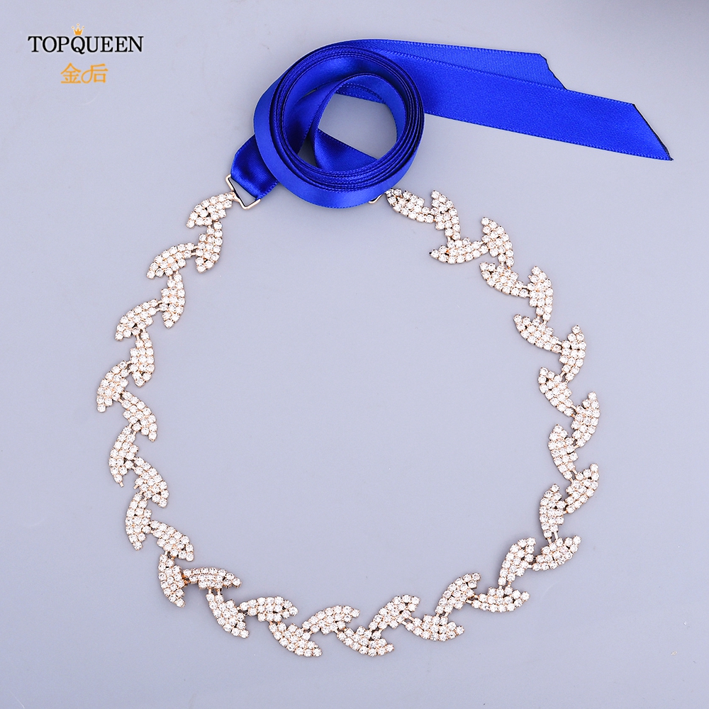 TOPQUEEN S198-G złoty pasek robić sukni ślubnej błyszczące stopu kryształ górski liście skrzydła kobiety diament akcesoria ślubne dla nowożeńców impreza pas: królewski niebieski faborek