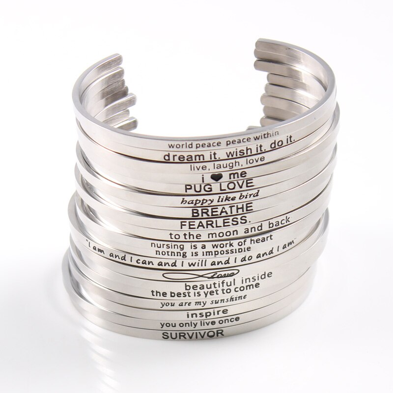 Stainless Steel Bar Engraved Positive Inspirational Quote Cuff Bangle Mantra Bracelet for Women Best Christmas