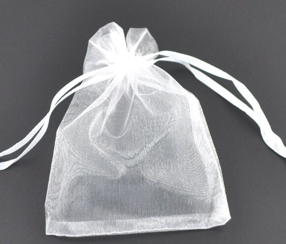 DoreenBeads pouch & bag, organza, wit, met draw, bruiloft, 9x7cm. 100 Stks (B07738)