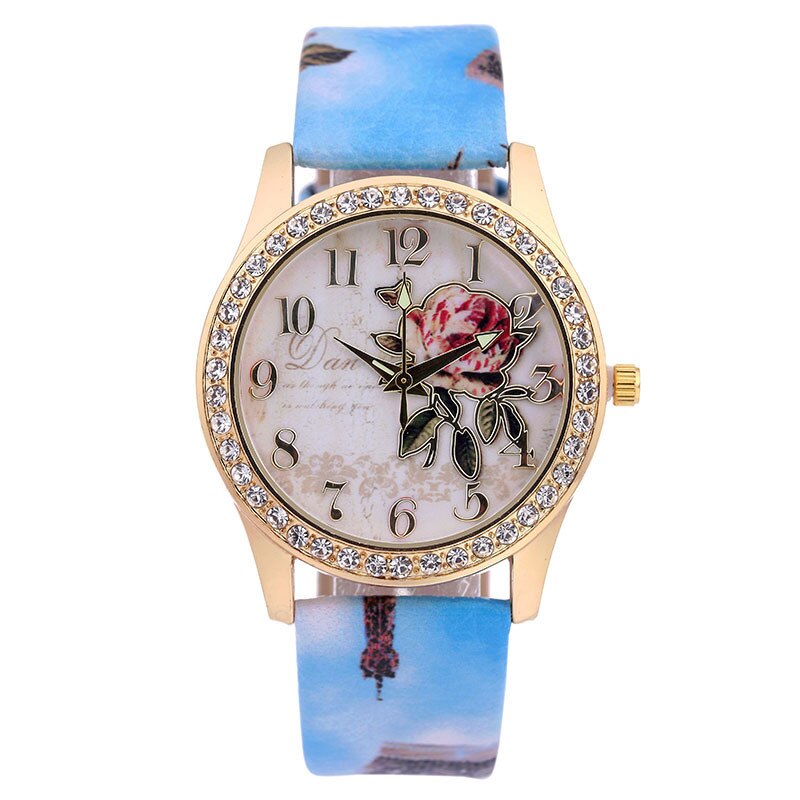 Dames Horloge Met Diamanten Bezaaid Goud Shell Riem Decoratie Mode Trend Rose Bloemenprint Strap Dames Horloge: 03