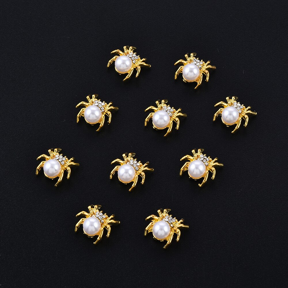 10 Stks/partij Glitter Gold Spider 3d Nagel Charmes Sieraden Diy Parel Legering Nail Art Decoraties Nails Gereedschap Stickers