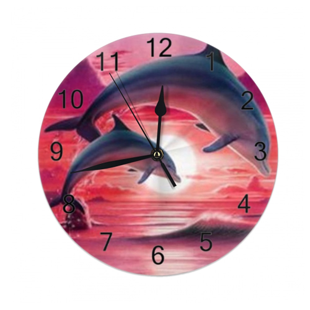 Dolphins Big Round Wall Clocks Decor Numeral Digital Dial Mute Silent Digital Clocks Battery Operated Clocks Living Room Wall