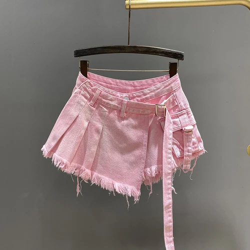 Uregelmæssig Pink Denim Nederdel Dame Sommer Høj Talje Slimming Falsk Todelt A-Line Arbejdstøj Kort Mini Nederdel: S / Lyserød