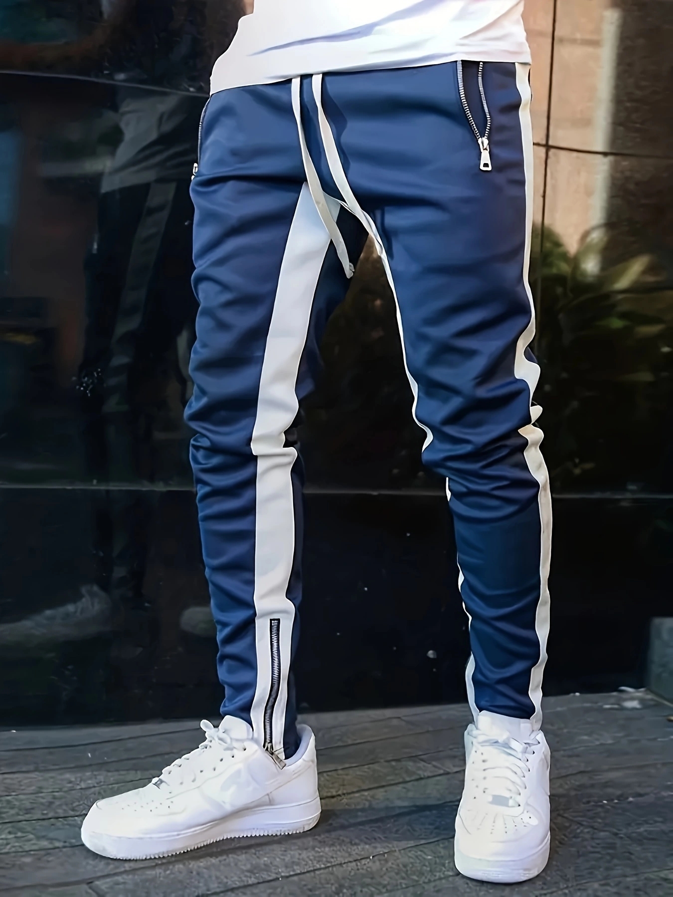 Herr sweatshirts joggingbyxor herr casualbyxor herr snygga färgblock dragkedjefickor dragsko sport skinny byxor byxor: S / Blå