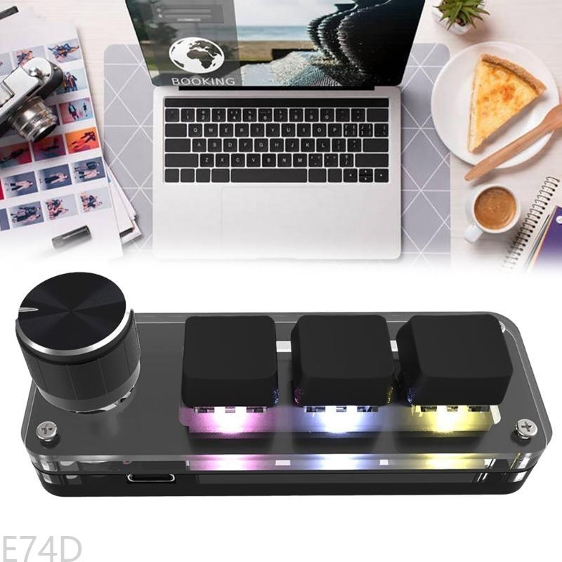 E74D 3-Key Mini Keypad One Handed Mechanical Gaming Keyboard, Multifunctional Shortcut Programmable Macro Keyboard, with Knob