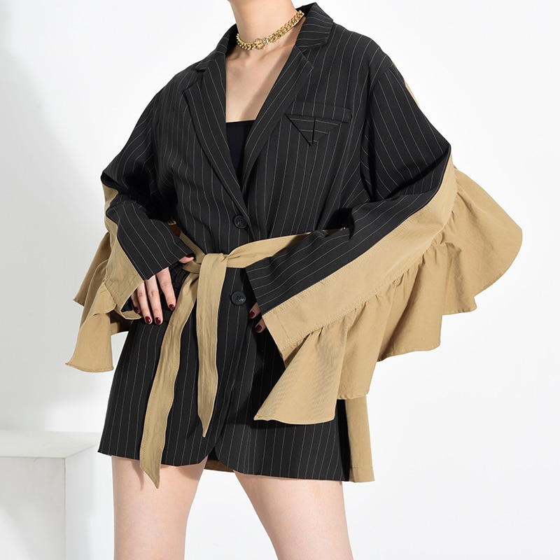 [eam] dames zwarte ruches split grote maten blazer revers lange mouwen losvallende jas tij lente herfst 1 y 22501