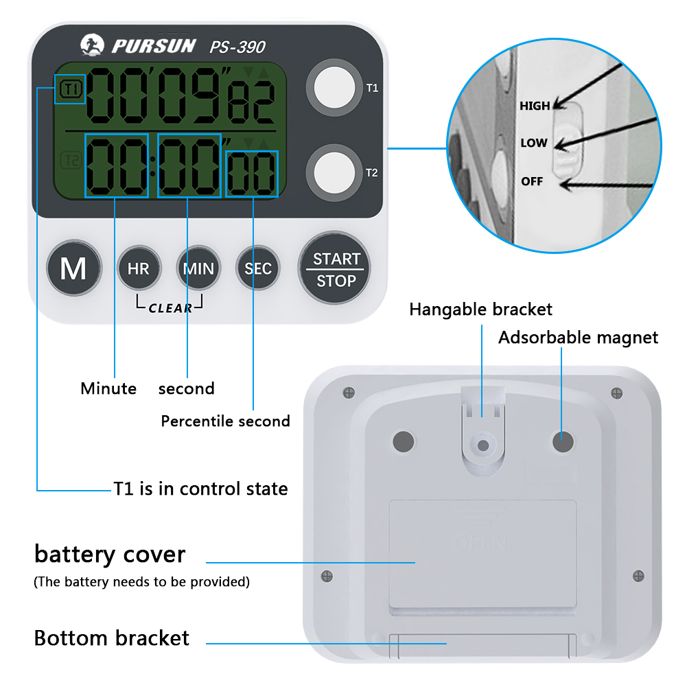 2.3inch LCD Screen Digital Kitchen Dual Timer Cooking Timer Stopwatch Loud Alarm Count-Up &amp; Count Down Timer Adjustable Volume