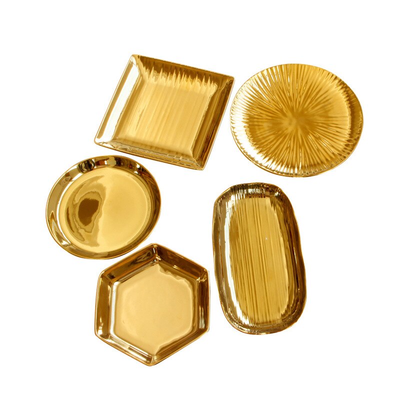 Juego de platos de cerámica y oro de lujo europeo, bandeja pequeña, placa de colección de joyas, muebles para el hogar