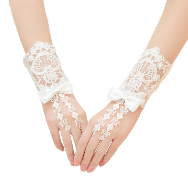 Guantes de boda cortos de encaje Floral bordado, lazo de satén con cuentas, para novia