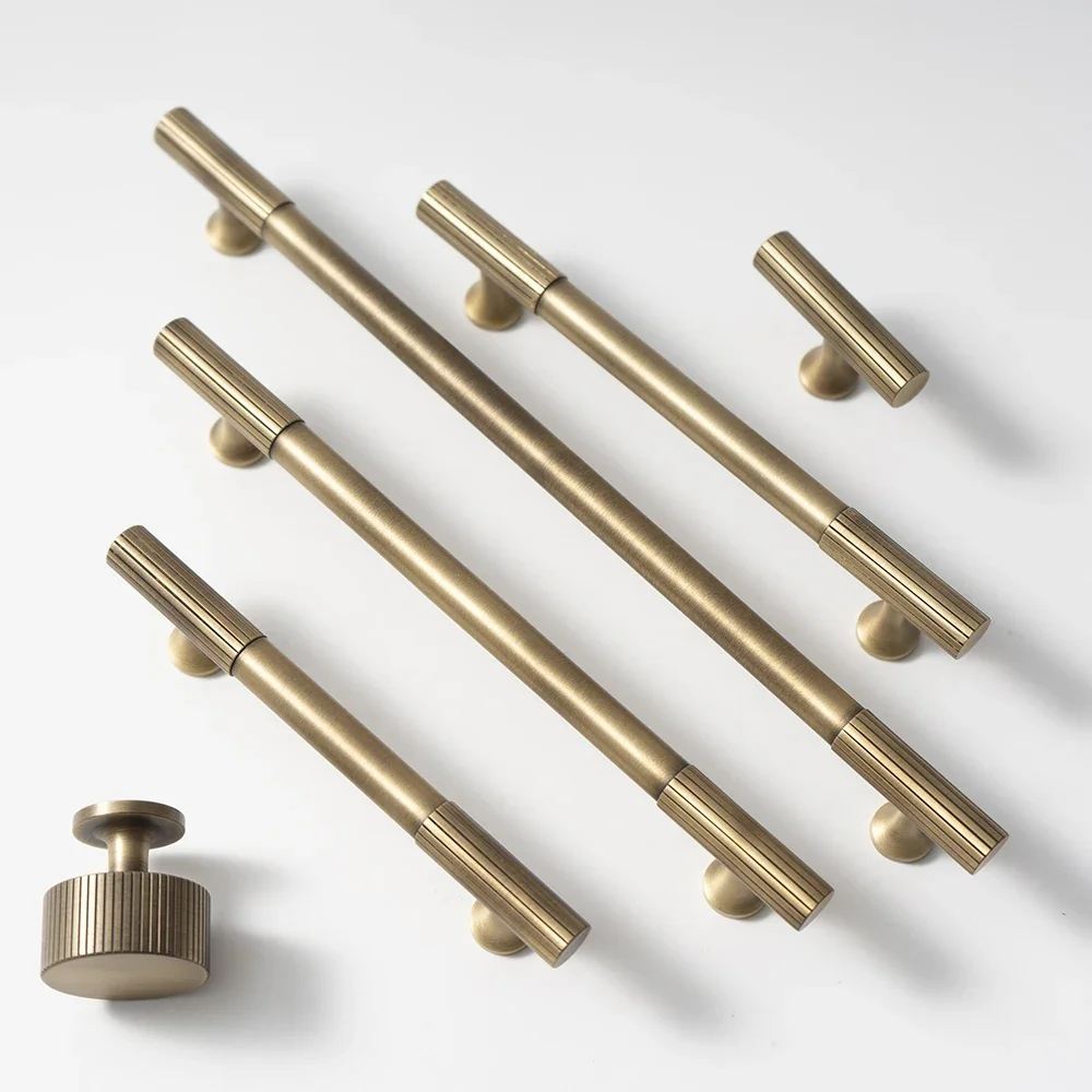 Manija y perilla de gabinete de bronce antiguo, perillas de cajón de latón macizo lineal, barra retro, herrajes para muebles de armario de cocina y dormitorio
