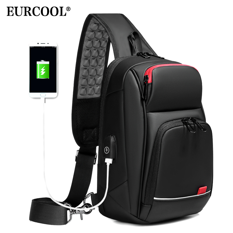 EURCOOL 9,7 "iPad bandolera para hombres de viaje corto bolsas de mensajero repelente al agua USB carga paquetes de pecho n1906