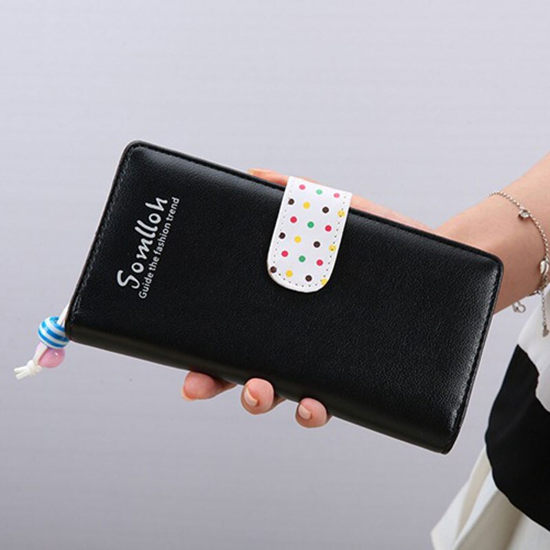 Small Wallet Women Short Luxury Brand Cute Female Purse PU Leather Dot Girls Lady Zipper Wallets Card Holder Bags: Black Long