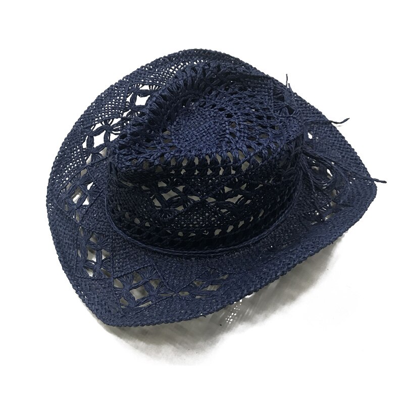 Håndlaget strå solhatt menn western cowboy sommer strandhette kvinner solid hule strå jazzhatter sombrero de paja hombres  yy17167: Marineblå halm cowboy