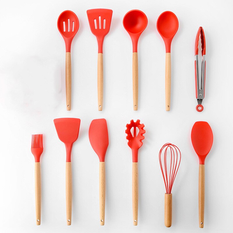 Ensemble d'ustensiles de cuisine en Silicone 11 pièces, poignée en bois massif rose avec boîte de rangement, accessoires d'outils de cuisine Kit de cuisine