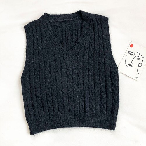 Gagarich Vest Women Autumn Korean Style Solid Color All-match Retro Pattern Knitted Slim V-neck Sleeveless Top Casual: Black
