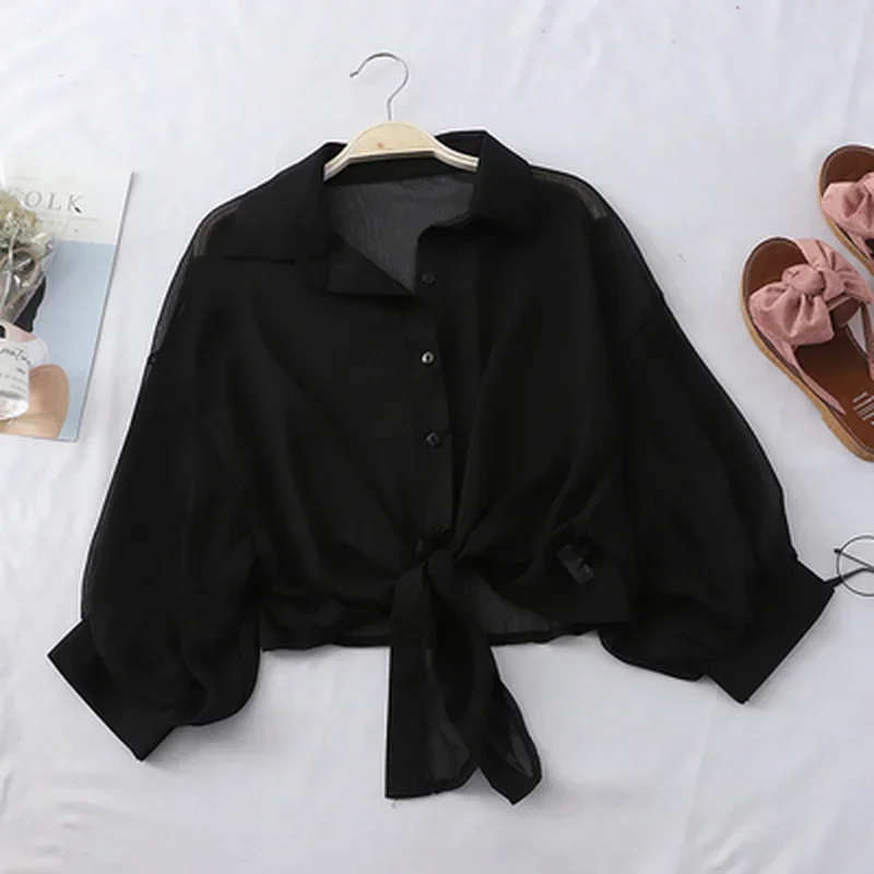 Blusa informal holgada de gasa con media manga para mujer, camisa con botones, cintura atada, primavera y verano, 9776