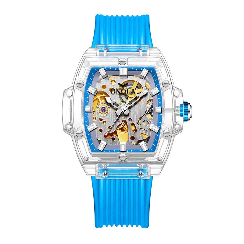 Luxe Herenhorloge Onola Plastic Transparante Holle Volautomatische Mechanische Horloges Heren Waterdichte Klok: Blauw