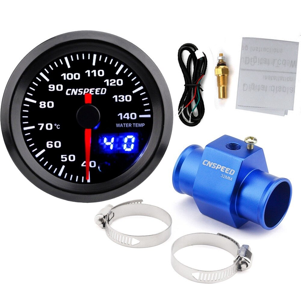 2 " 52mm 7 farver led bil vandtemperaturmåler 40-140 celsius digitalt dobbelt display med sensor og vandtemperatur sensor adapter: Med 32mm