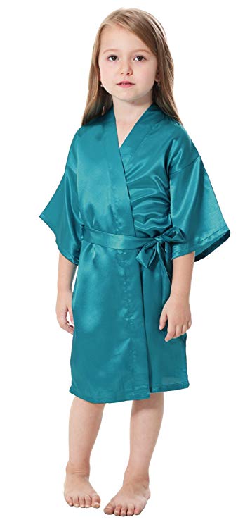 Kids Solid Satin Rayon Kimono Robe Bridesmaid Solid Bathrobe Children Nightgown Sleepwear Dressing Gown: S / black