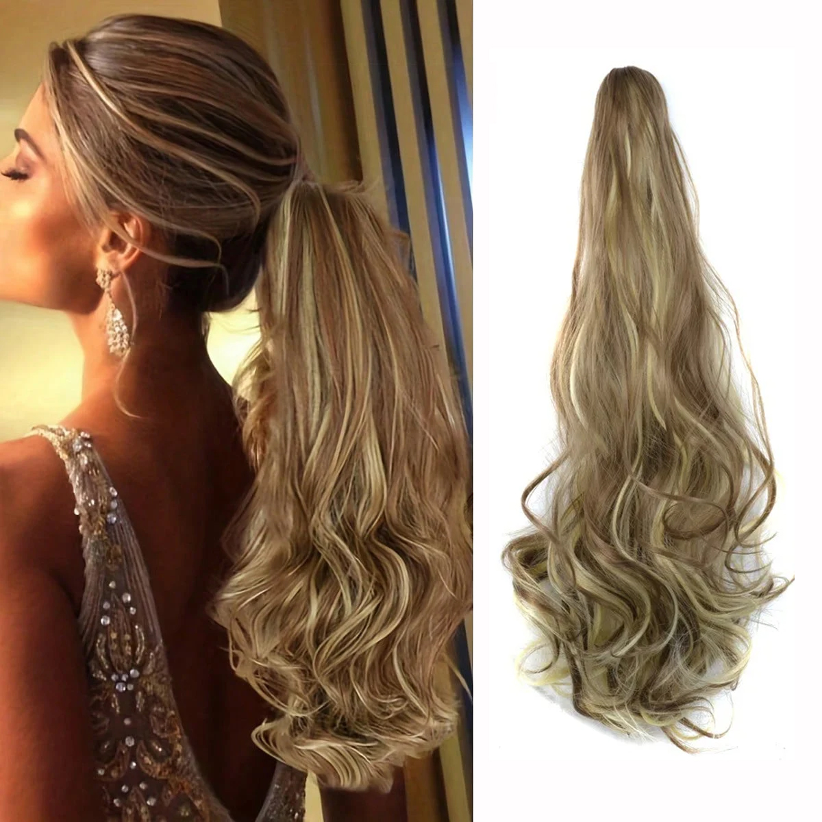 24inch Synthetic Multicolor Horsetail Extensions Very Long And Fluffy Wavy Heat Resistant For Women Curling Pieces: T1B/4/30