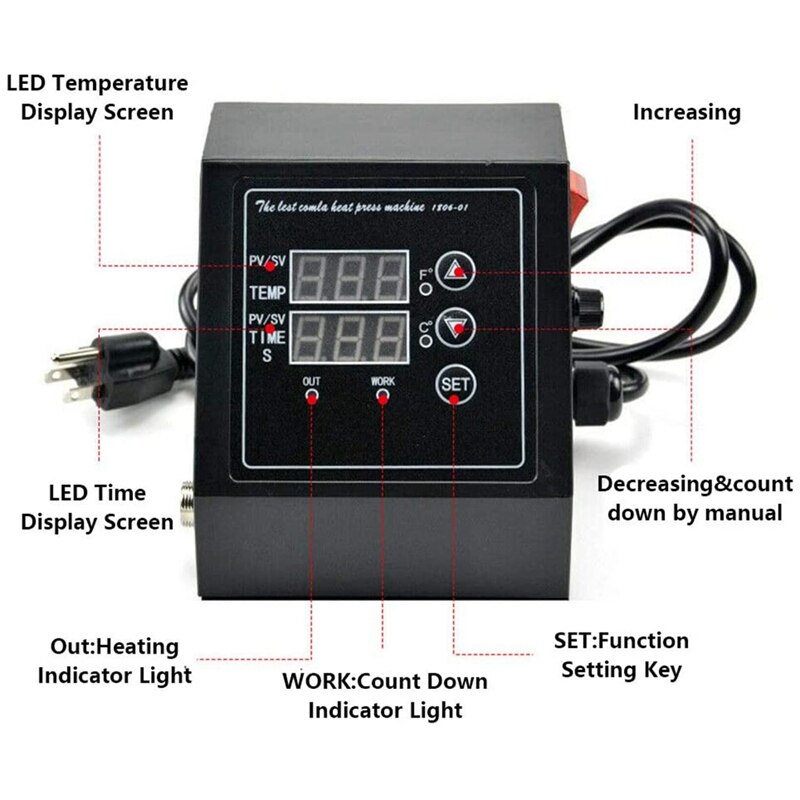 Heat Press Machine Temperature Control Box, Multifunctional Digital LED Controller, for ECO LLC Heat Transfer US Plug