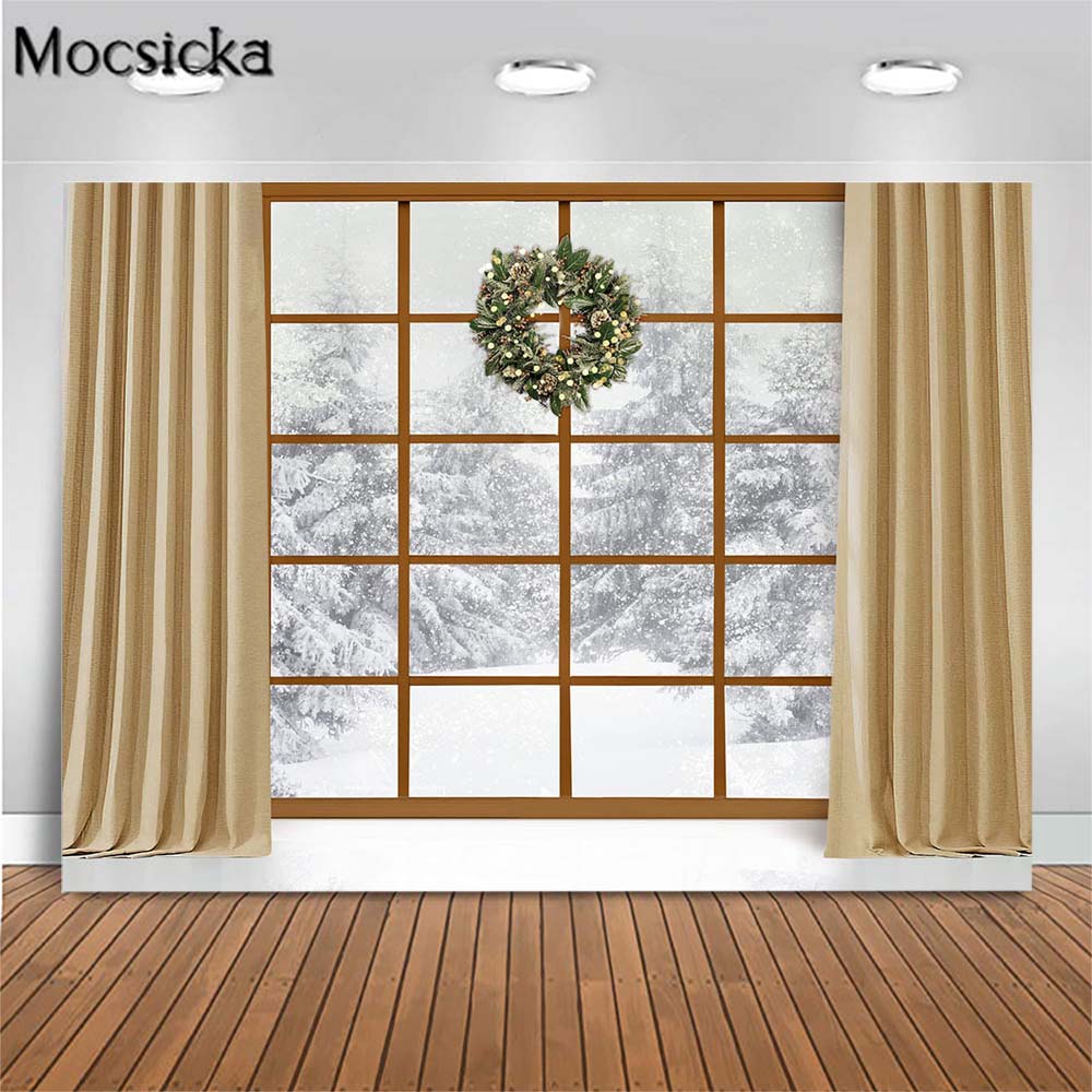 Mocsicka cortina de janela de madeira guirlanda de natal foto fundo inverno floresta nevada interior família retrato sessão de fotos pano de fundo