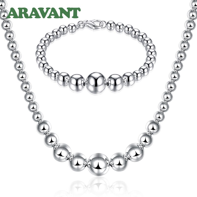 925 Silver Jewelry Sets Women Big&amp;Small Bead Bracelets Necklaces Chains