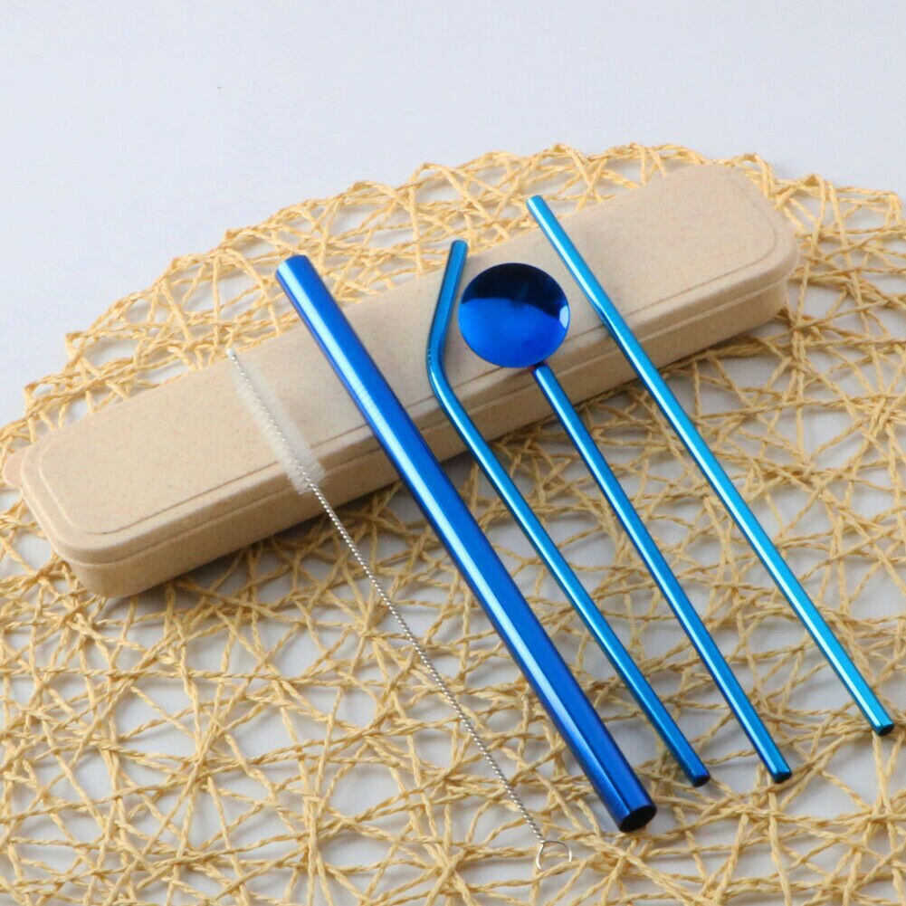 4Pcs Set Reusable Stainless Steel Metal Straw Drinking Straws Washable With 2 Cleaning Brush For Mugs: Blue