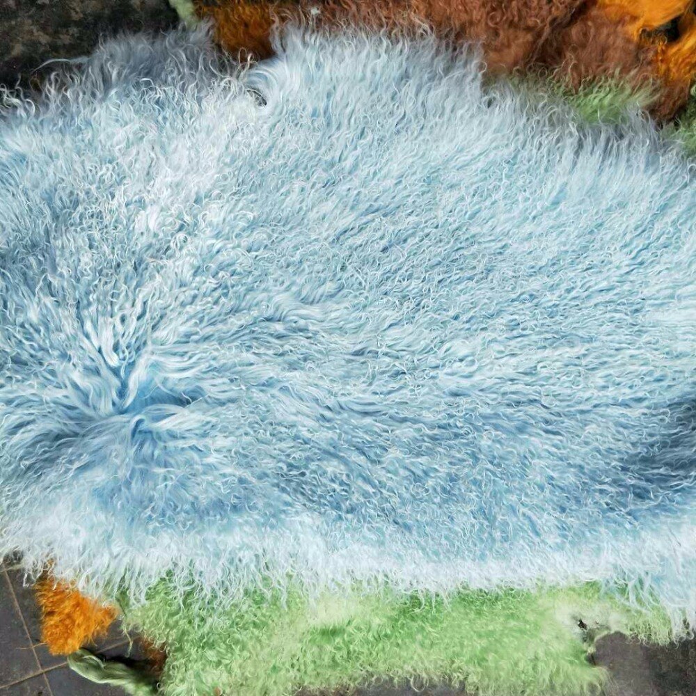 Lange Wol Natuurlijke Echte Schapen Huid Krullend Lam Bont Mongoolse Lam Bont Pelt Tapijt: Light blue