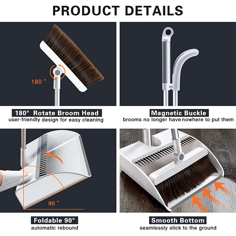 Magnetic Broom and Dustpan Set Upright Standing Dustpan Combo Easy to Assemble Long Handle Household Floor Cleaning Products