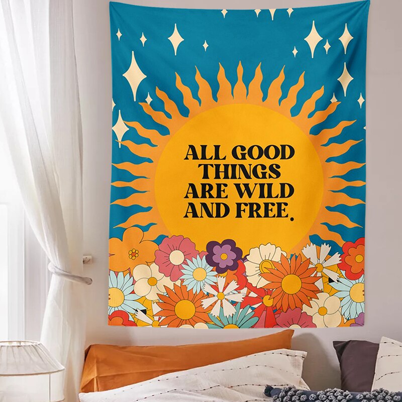 Tapiz de sol Retro para colgar en la pared, tela de pared estética Vintage de 80s y 70s, flores, decoración Hippie, sala de estar, dormitorio, estampado bohemio