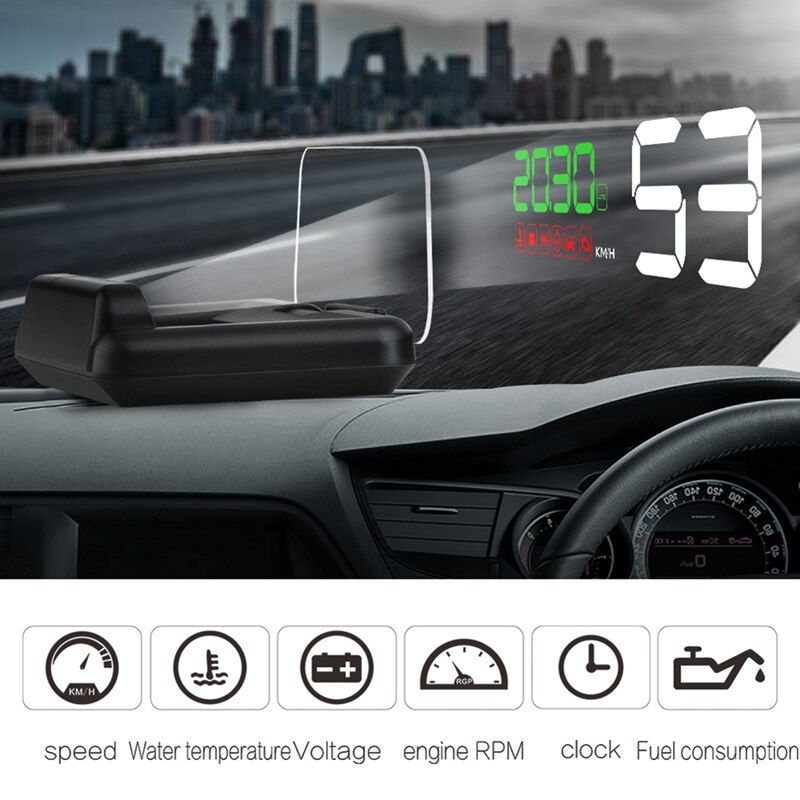 OBD2 Hud Spiegel Auto Head Up Display Voorruit Snelheid Projector Gps Security Alarm Water Temp Overspeed Rpm Voltage