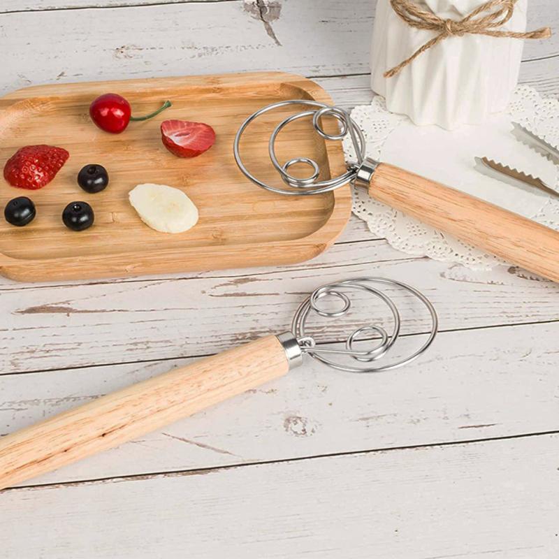 Wood Handle Flour Mixer 10 Inch Kitchen Baking Flour Mixing Tool Coil Mixing Stick Hand-held Flour Beater Dough Whisk