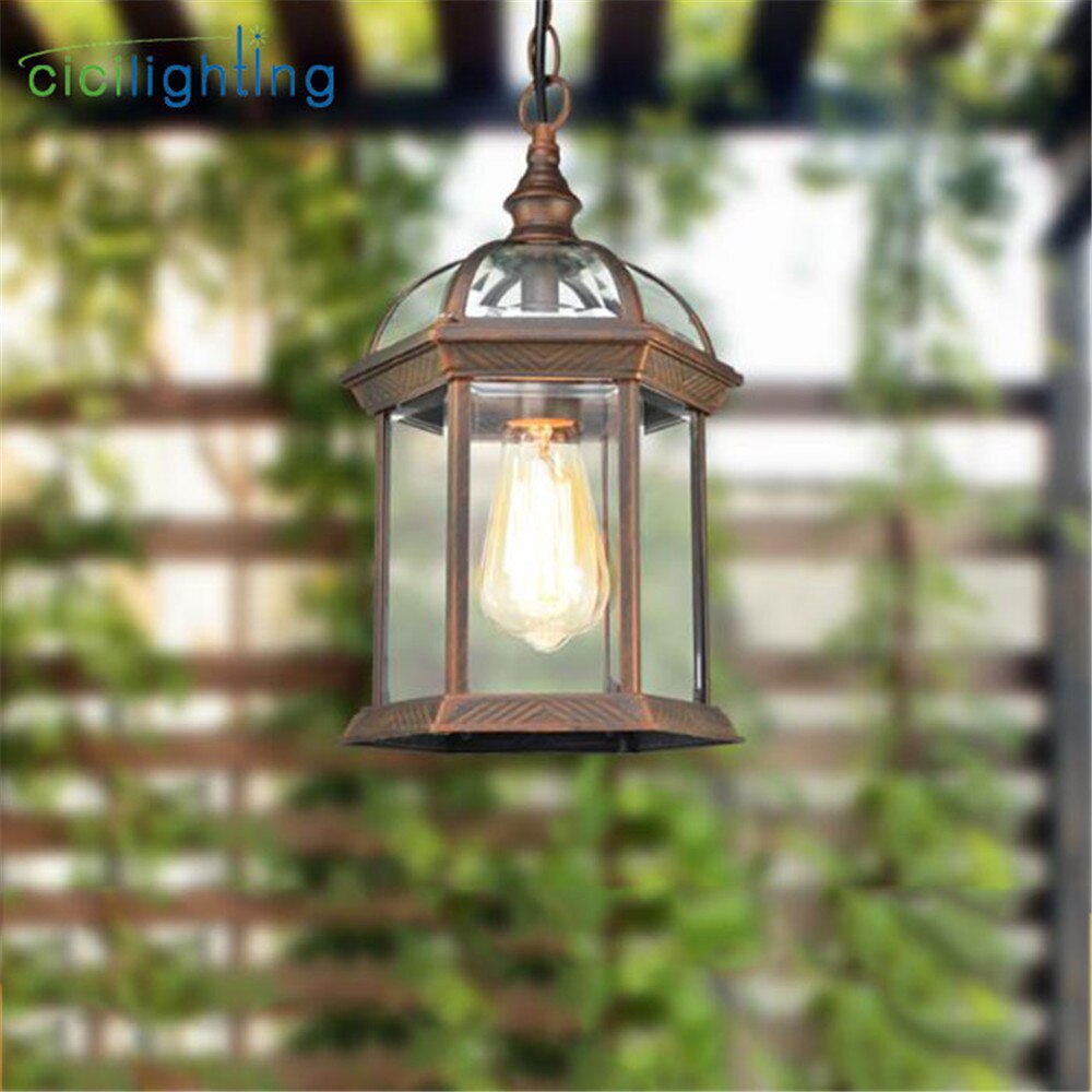 Antik aluminiumslegering + glasskærm udendørs pendellamper, hængende lanterne lysarmatur til veranda med klar glasskærm