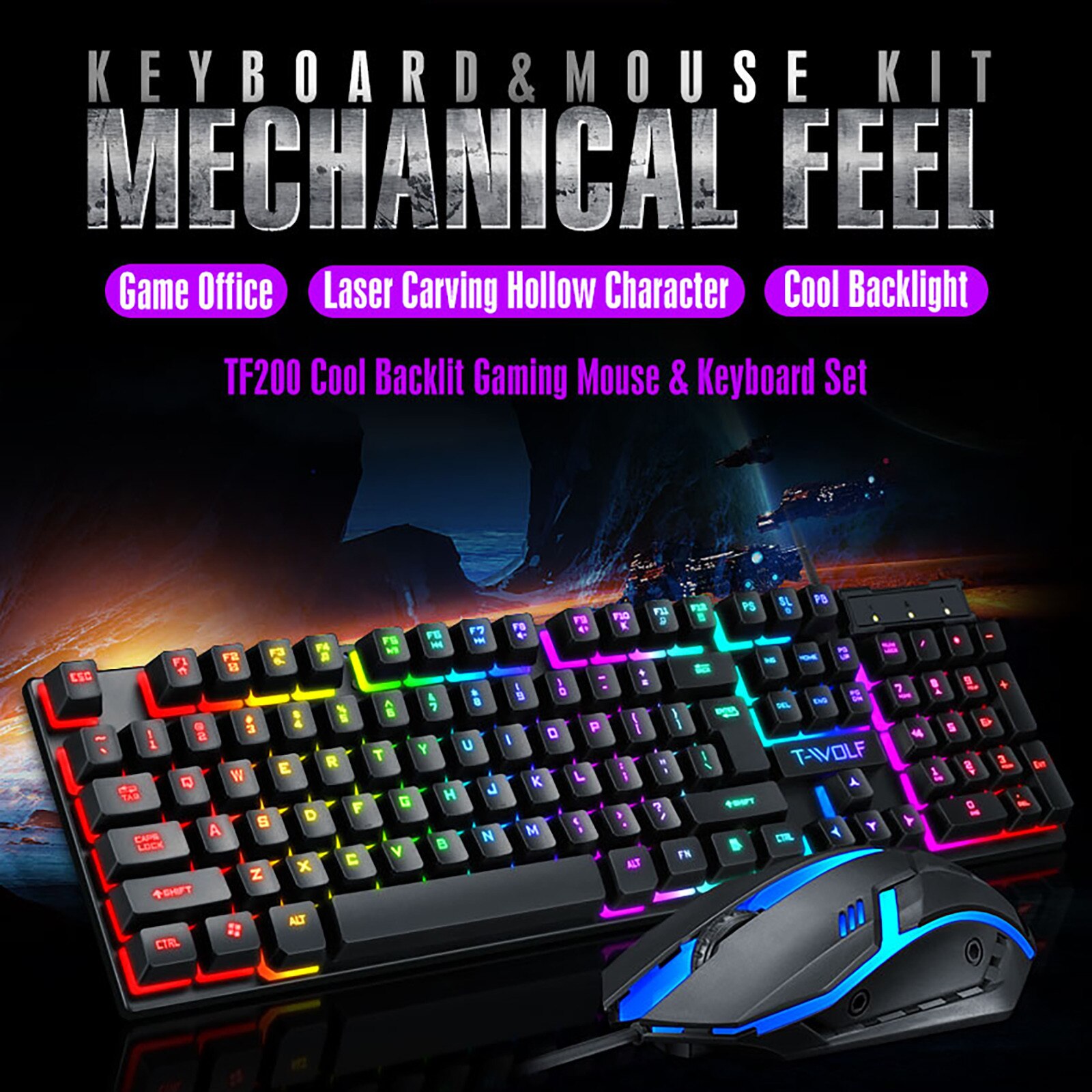 TF200 Rainbow Backlight Usb Ergonomic Gaming Keyboard and Mouse Set Gaming keyboard Wired Gaming Mouse Kit 104 Keycaps