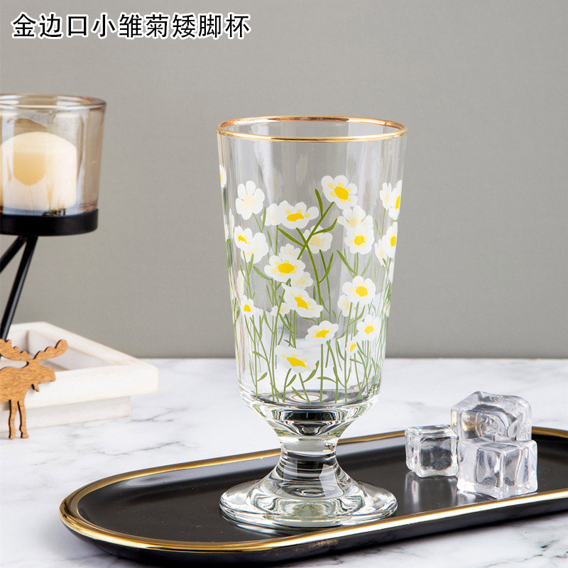 Holaroom-cáliz de flores para beber leche y zumo, vasos de vino con de margaritas y tulipanes, taza de café, vaso de vidrio práctico para agua: GoldDaisy
