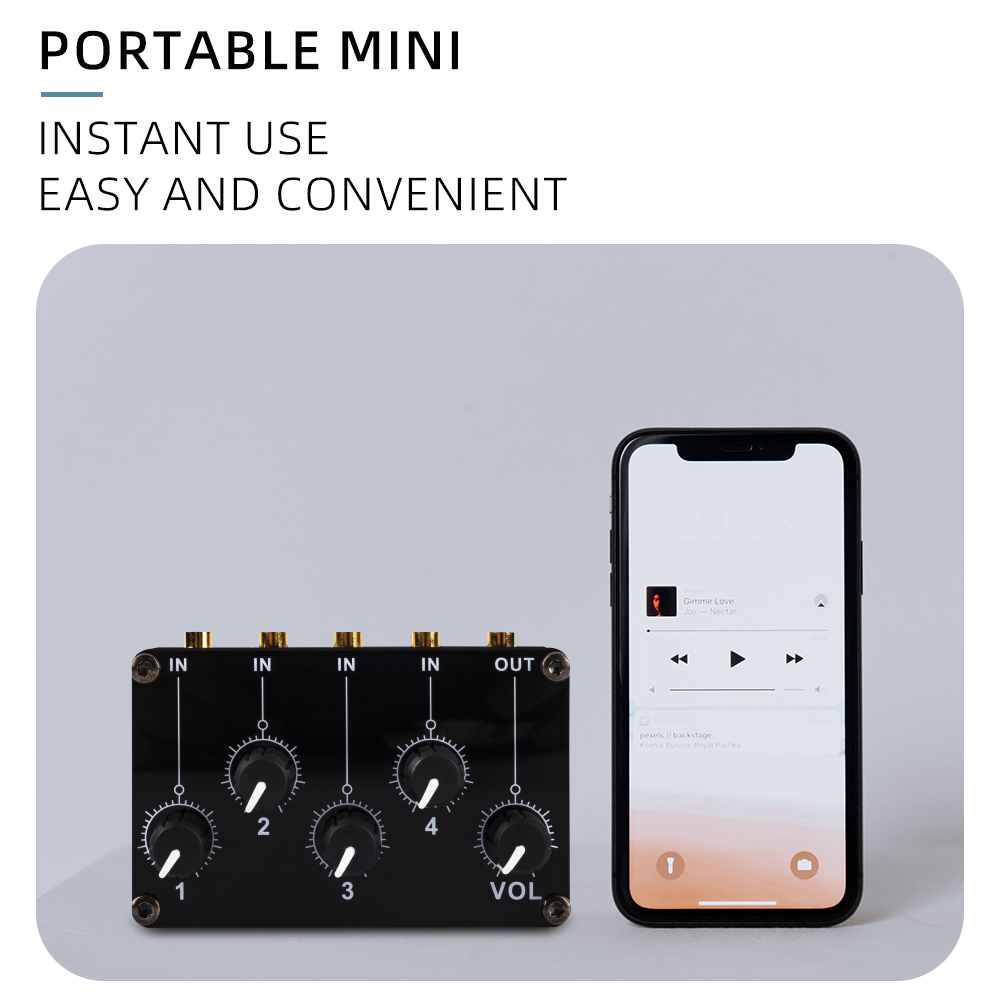 Mini 4 Channel Stereo Line Mixer 4in1out for Live Studio Recording Portable Passive Analog Audio Sound Mixing Console Low Noise