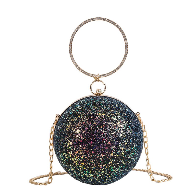 Women Evening Day Clutch Colorful Crystal Diamonds Round Ball Shaped Clutches Lady Handbag Wedding Purse Chain Shoulder Bag: Black