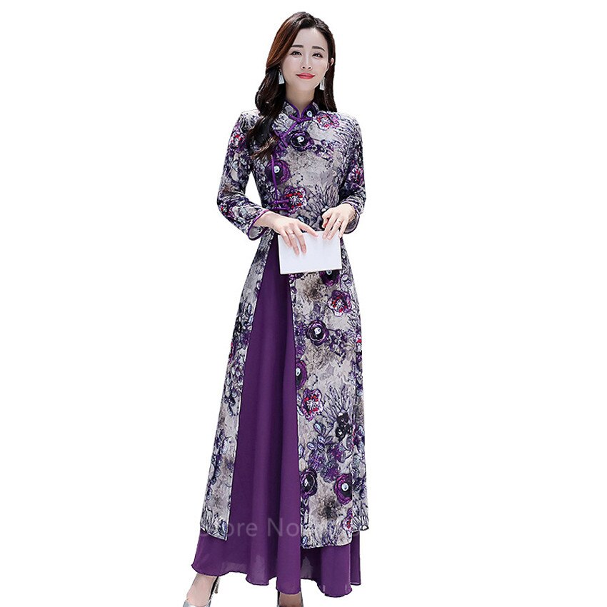 Ao Dai – robe de mariée élégante pour femmes, tenue de Style vietnamien, Cheongsam Qipao, imprimé Floral violet, Slim, grande taille