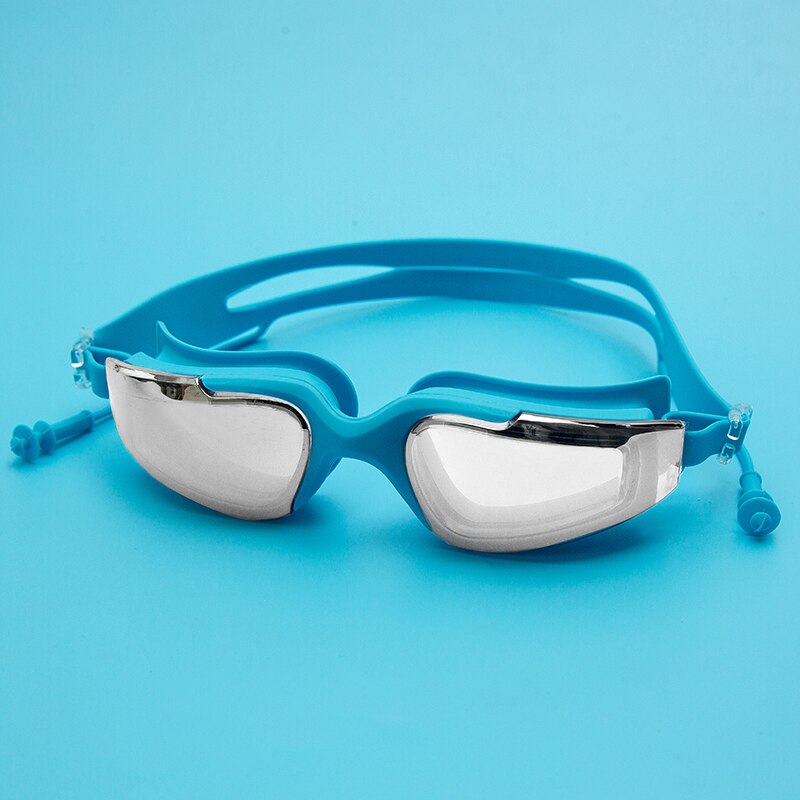 Galvaniseren Uv Anti-Fog Badpak Bril Zwemmen Duiken Verstelbare Zwembril Dames Mannen Zwemmen Goggle Ear Plug: Sky Blue